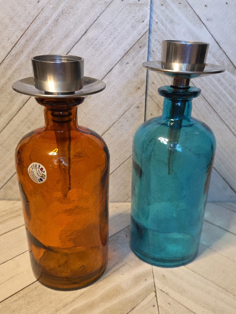 Vitrocolor Set Of 2 Glass Bottles With Removable Bottle Stopper Candle Holders